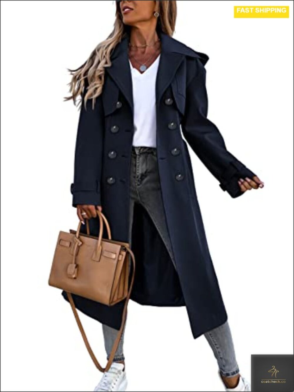 Women's Double Breasted Long Trench Coat Windproof Classic Lapel Belted